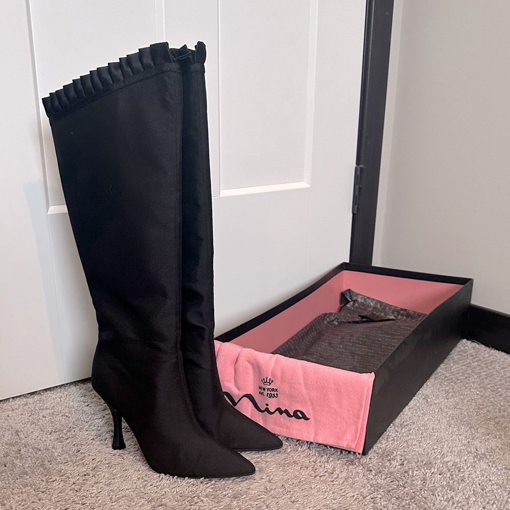 Nina Black Ruffled Heeled Boots